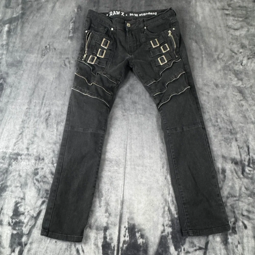 Raw X Moto Pants Mens 30/30 Black Buckle Zipper Streetwear Punk Goth Denim